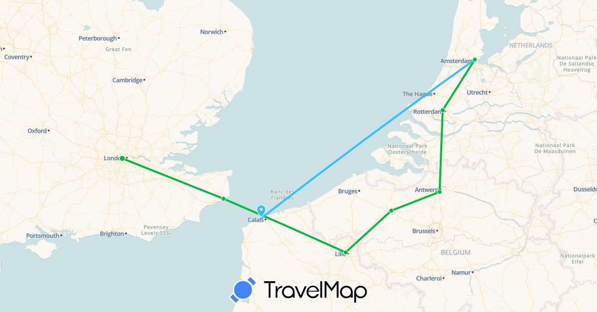 TravelMap itinerary: bus, boat in Belgium, France, Netherlands (Europe)