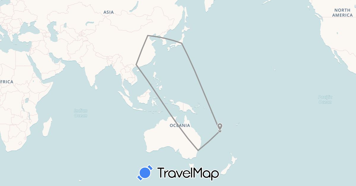 TravelMap itinerary: plane in Australia, China, Japan, New Caledonia (Asia, Oceania)
